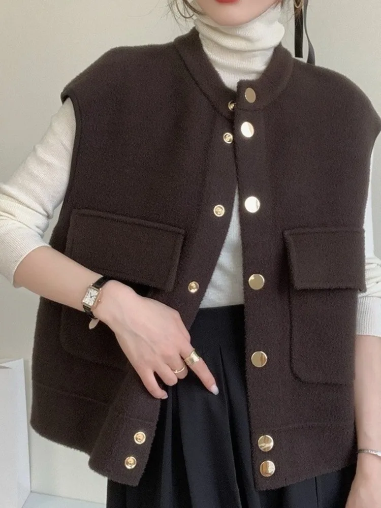 [EWQ] Korean Style Sleeveless Thick Woolen Waistcoats Single Breasted Fashion Basic Vest Women Autumn 2024 Winter New 16O1435