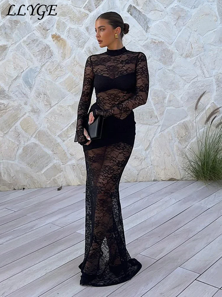 

Sexy Lace Patchwork Long Dress Women Slim Hollow Out Turtleneck Full Sleeve Party Dresses 2025 Spring Lady See Through Robes New
