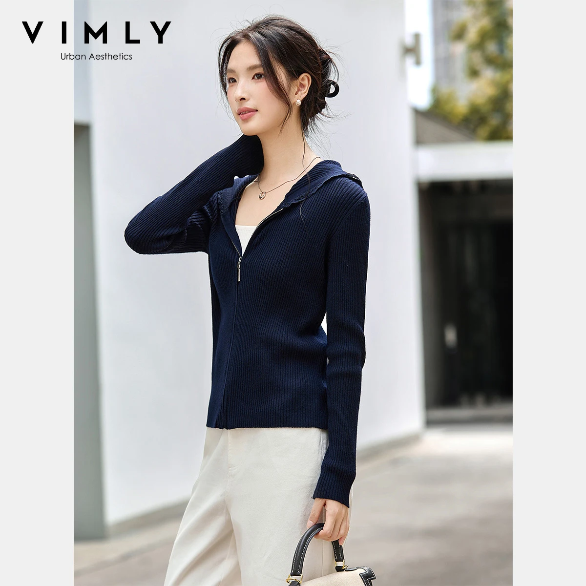 เสื้อคาร์ดิแกนมีฮู้ดสีน้ำเงินกรมท่า VIMLY สำหรับผู้หญิง สไตล์ลำลอง แขนยาว ซิปหน้า ถักนิตติ้ง เสื้อสเวตเตอร์ผู้หญิง ฤดูใบไม้ร่วง 2025 ทรงเข้ารูป เสื้อจั๊มเปอร์ผู้หญิง รุ่น 75218
