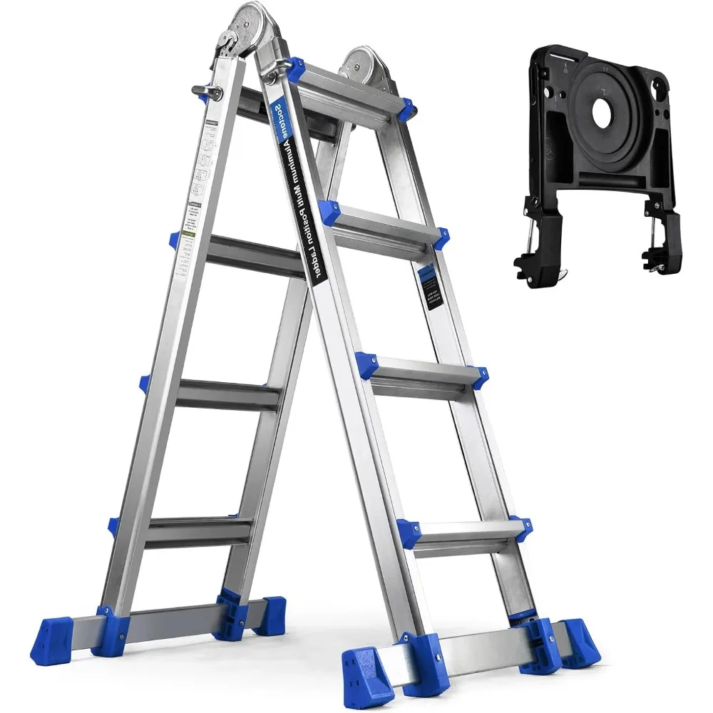 A Frame 4 Step Extension Ladder 17 Ft, Multi Position Ladder with Removable Tool Tray and Stabilizer Bar, 330 lbs Capacity