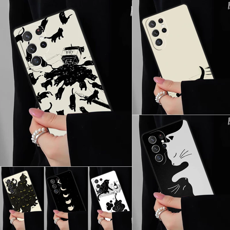 القطط السوداء الحبر لطيف الحيوانات الأليفة الساحرة الفن قضية الهاتف لسامسونج غالاكسي S25 S24FE S23 S22 S21FE S20 S10 زائد الترا نوت 20 10Pro غطاء