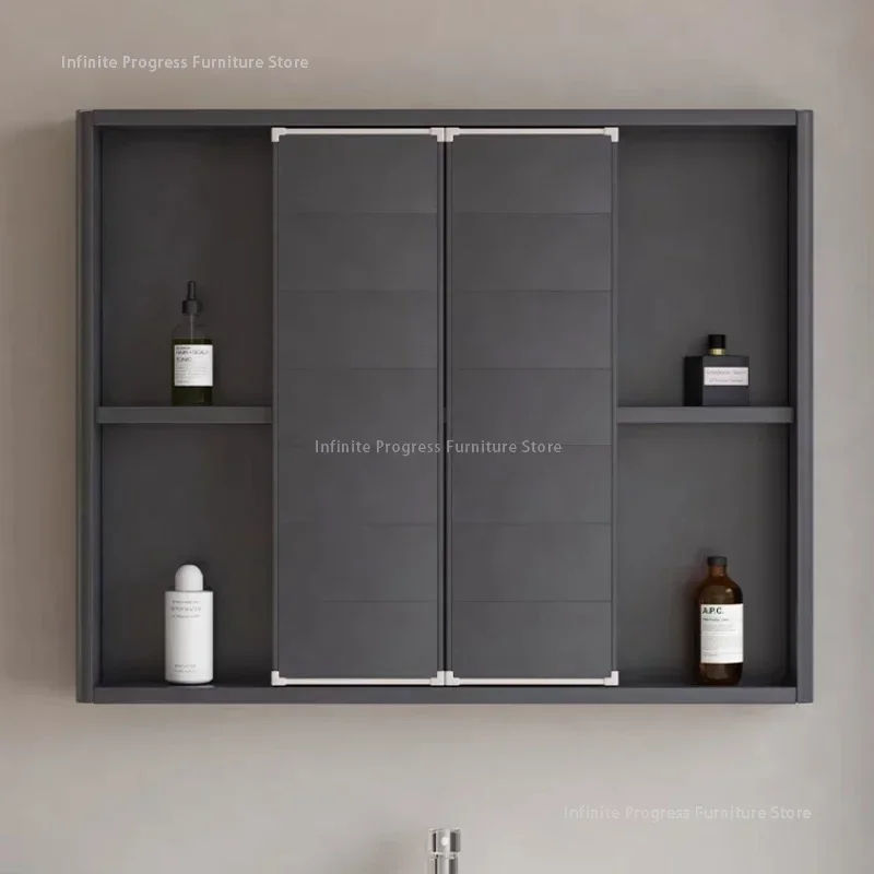 Almacenamiento de baño, espacio montado en la pared, puerta corredera de aluminio, gabinete con espejo oculto, mueble de baño para maquillaje