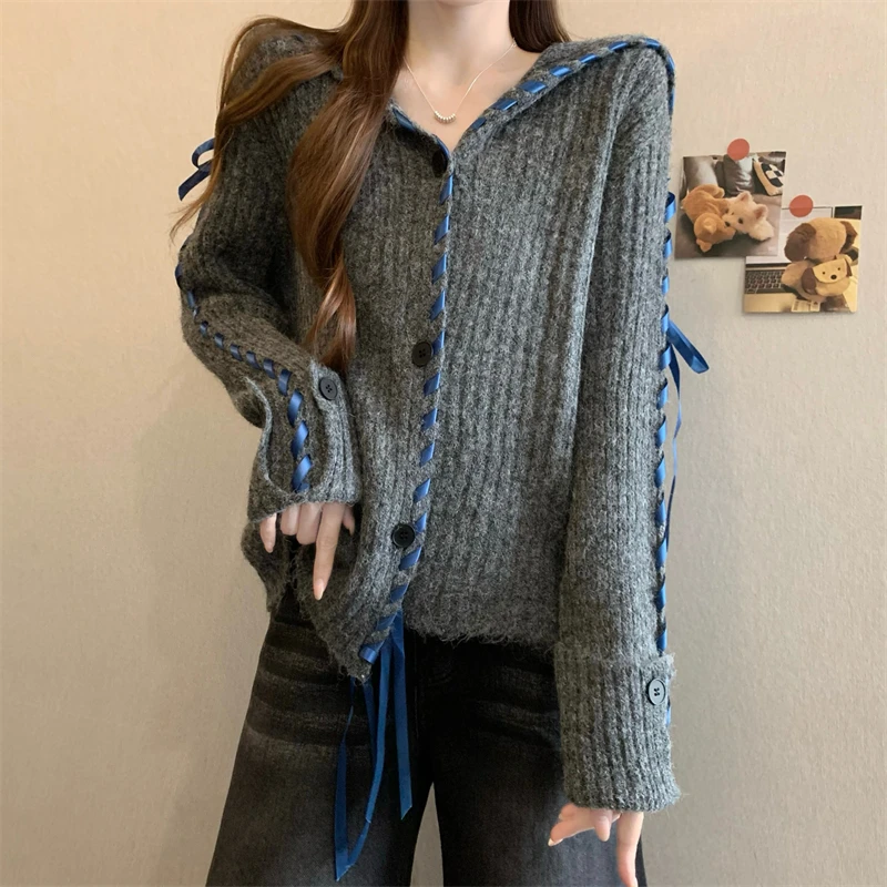 Korean Sle Navy Collar Asymmetrical Knitted Sweater Cardigan Faionable Women's Autumn Winter New Arrival Warmth Heating