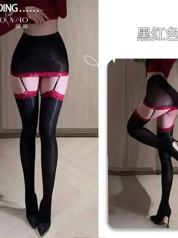 Chaussettes une pièce à bretelles en dentelle brillante, sexy, enveloppées, avec pur désir, aurore d'été, soie noire, tentador, femme élégante, U400