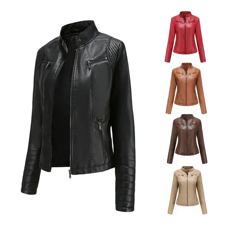 เสื้อแจ็คเก็ตสตรีรถจักรยานยนต์ BIKER Coats หญิงเสื้อผ้าฤดูใบไม้ผลิฤดูใบไม้ร่วงฤดูหนาวสุภาพสตรีแฟชั่น PU หนัง Outwear Tops พร้อมกระเป๋า