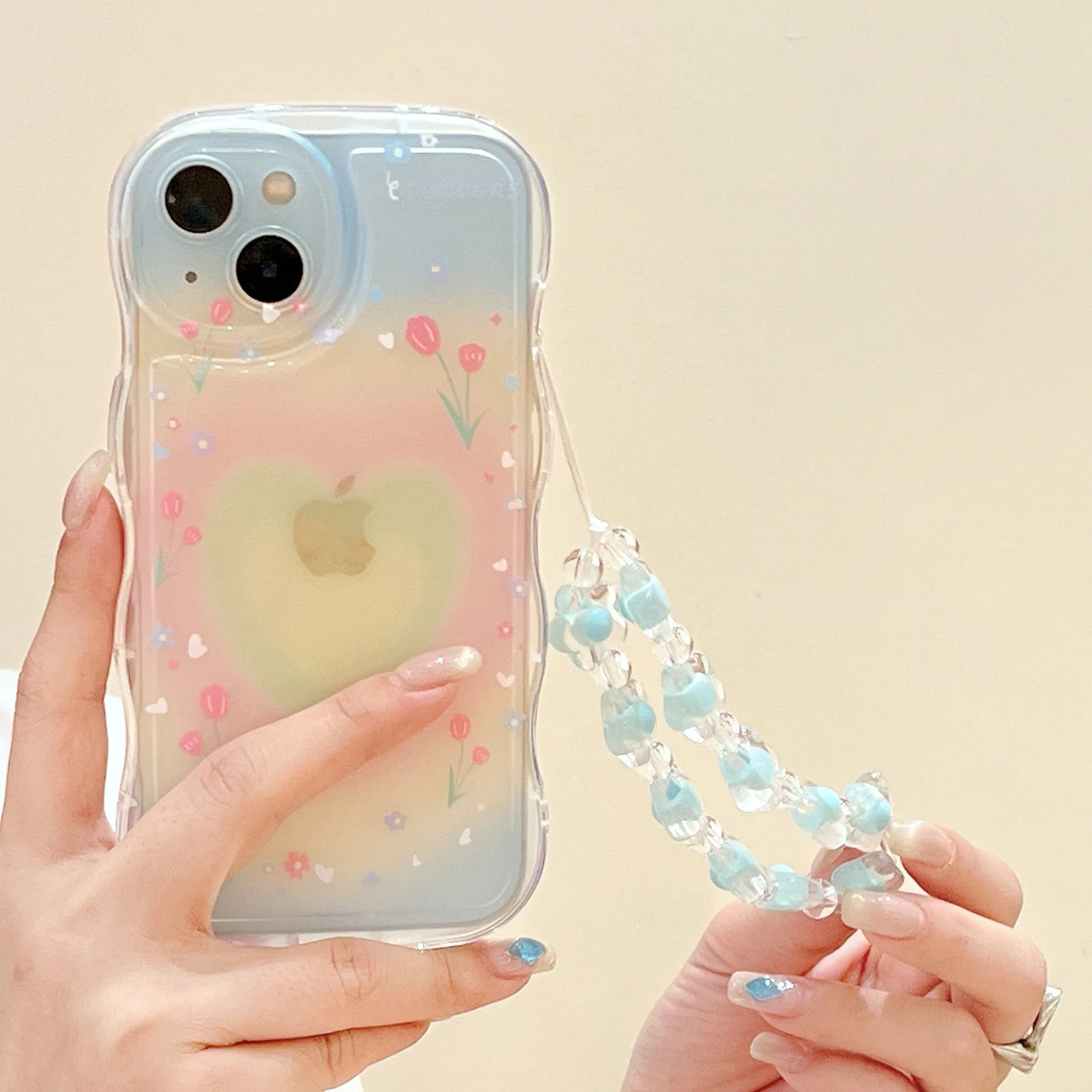 Casing ponsel untuk Iphone 15 14 13 12 11pro Max cinta braket sabuk biru bunga gelang penutup pelindung untuk Iphone 15 14 Plus Xs Max