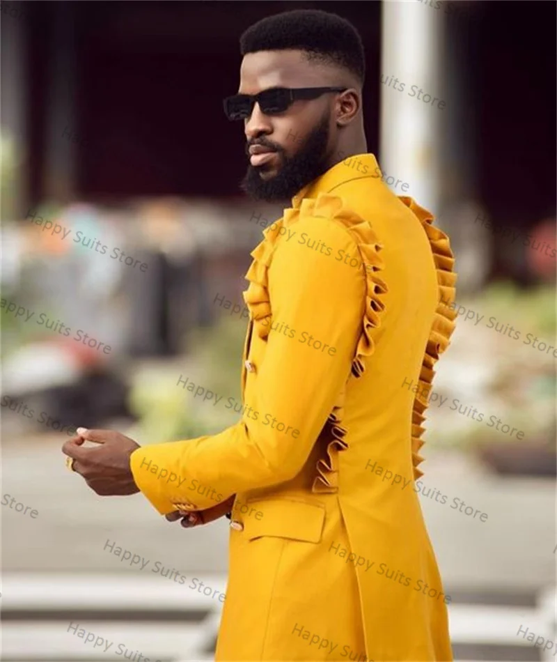 Blazer et pantalon en coton jaune imbibé pour hommes, veste de bureau formelle, manteau à double boutonnage, smoking de marié de mariage, FJJ personnalisé, 2 pièces