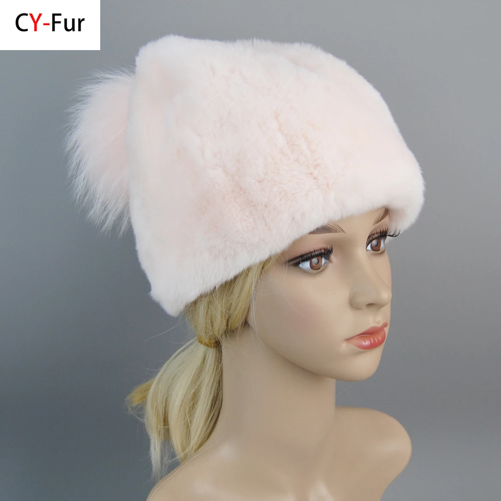 

New 100% Real Natural Rex Rabbit Fur Big Fox Fur Ball caps Women Knitted Rex Rabbit Fur Skullies Lady Winter Rex Rabbit Fur Hats