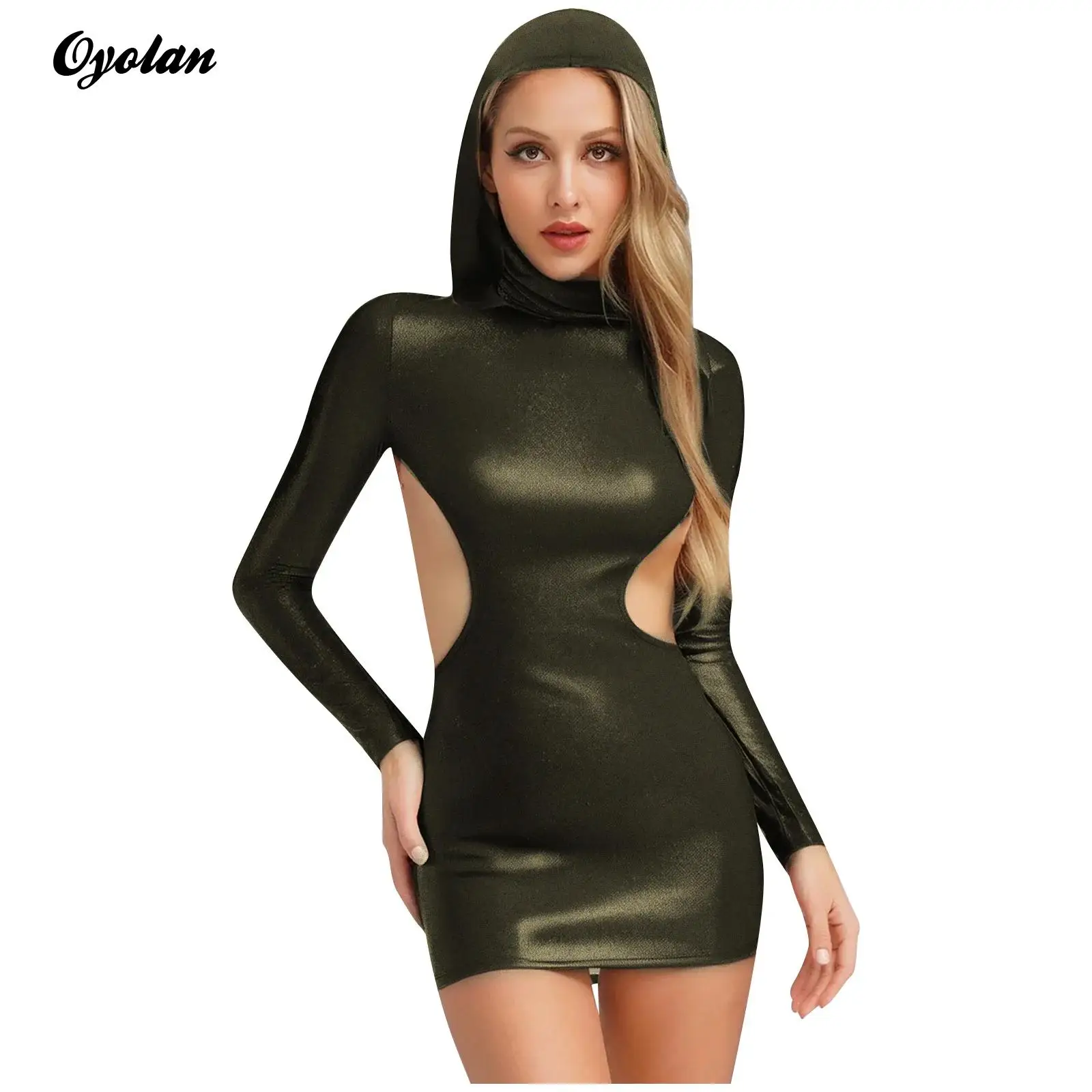 Women Sparkly Hooded Tight Bodycon Dress Long Sleeves Open Back Hollow Out slim fit Sexy Cropped Mini Dress Nightclub Costume