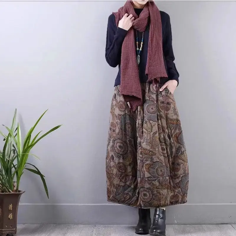 Women 2023 Winter Vintage Art Print Cotton Quilted Skirt Elastic Waist Warm And Thick Mid Length Cocoon Skirt Mujer Faldas Z3548