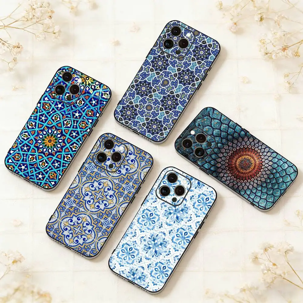

Art Tile Moroccan pattern Phone Case For iPhone 17,16,15,14,13,12,11 Plus,Pro Max,XS,Soft Silicone Black Cover