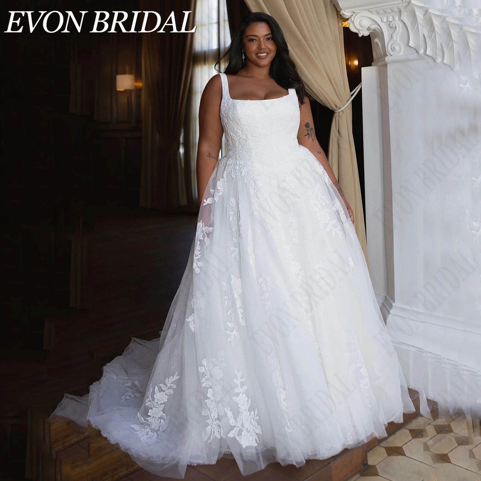 EVON BRIDAL Customized Square Collar Neck Wedding Dress Plus Size Lace Appliques Tulle Bride Dresses Spaghetti Strap Bridal Gown