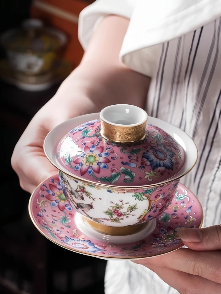 

Jingdezhen Vintage Enamel Color Window Flower and Bird Happy Eyebrows Sancai Gaiwan Tea Cup Kung Fu Set Ceramic Porcelain