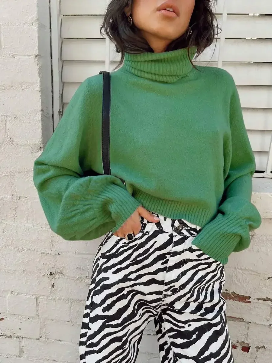 

Womens Spring Short Knit Sweater Solid Color Long Sleeve Turtleneck Pullover