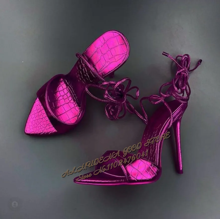 

ALMUDENA Fuchsia Metallic Crocodile Matte High Heel Sandals Pointed Toe Snakeskin Lace-Up Dress Shoes Shallow Banquet Footwear