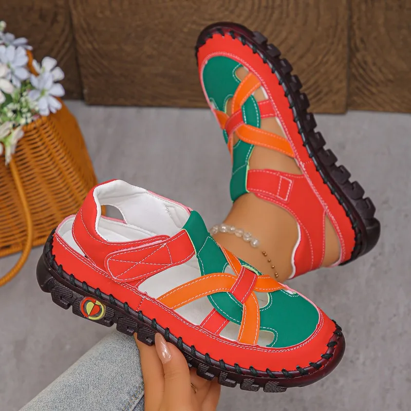 Newest Gladiator Summer Sandals Women's Big Size 43 Woman Real Leather Sandals Ladies Patchwork Strap Non-slip Flats