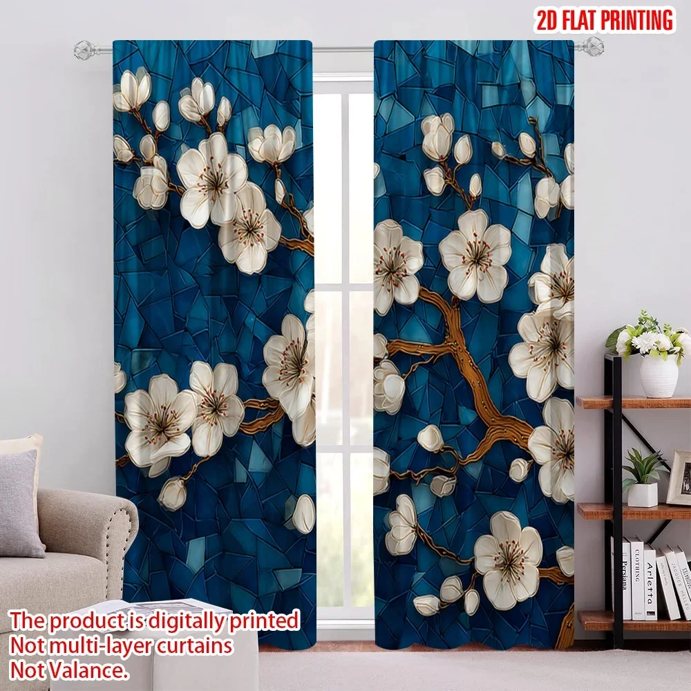 Blue Floral Cherry Blossom Curtains 2 Pcs Digital Print Drapes for Living Room Bedroom Home Decor Modern Window Treatment