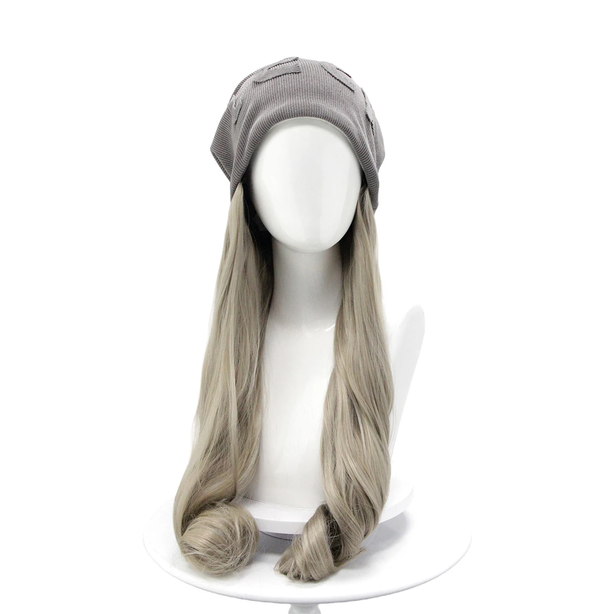 Anxin Brand Synthetic Fiber Wig: Light Gray Long Curly Hair + Matching Color Knitted Hat in One Style, Soft and Curly Hair with a Natural and Fluffy Texture; Made of High-Quality Synthetic Fiber Material, Comfortable to Wear and Easy to Care For; a Fashionable Item Suitable for Adult Women's Daily Autumn and Winter Casual Wear, Fashion Street Photography, and Light Cosplay Outfits
