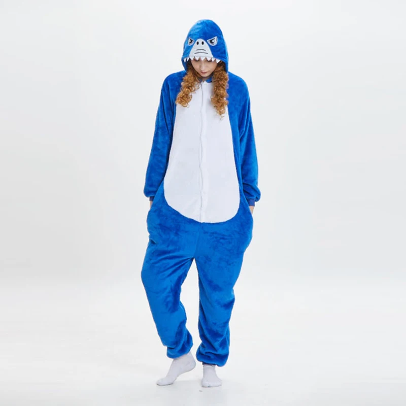 Adults And Kids Shark Pajamas Cosplay Costume Shark One Piece Animal Pyjama Homewear Winter Soft Flannel Sleepwear For Women Men