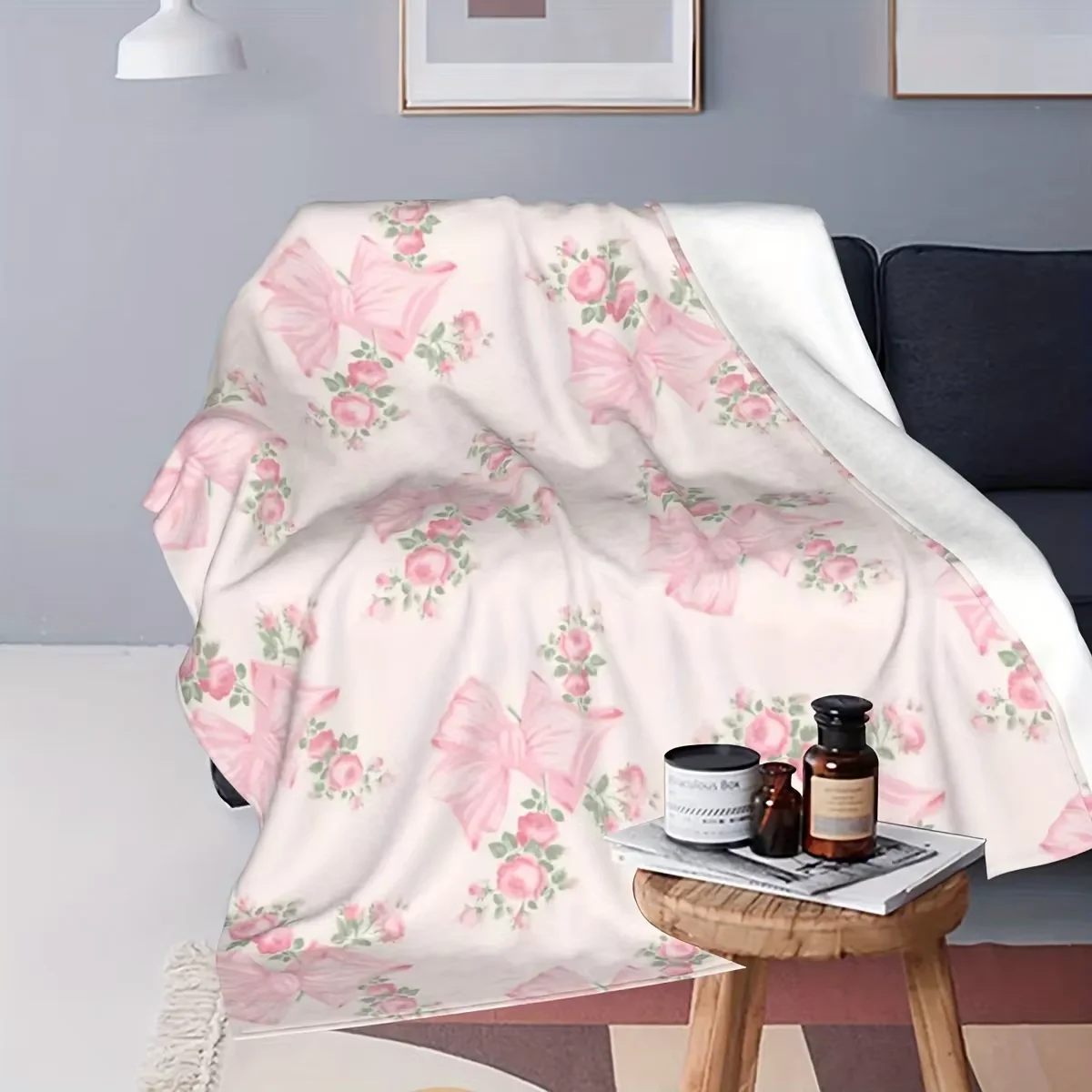 Soft Cozy Pink Bow Floral Flannel Throw Blanket Versatile for Office Camping & Travel All-Season Warmth Machine Washable