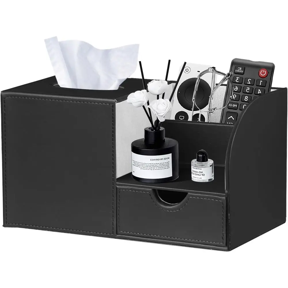 

Современная кожаная тумбочка для салфеток с органайзером, элегантное хранилище для ванной комнаты, гостиной и офиса черного цвета
