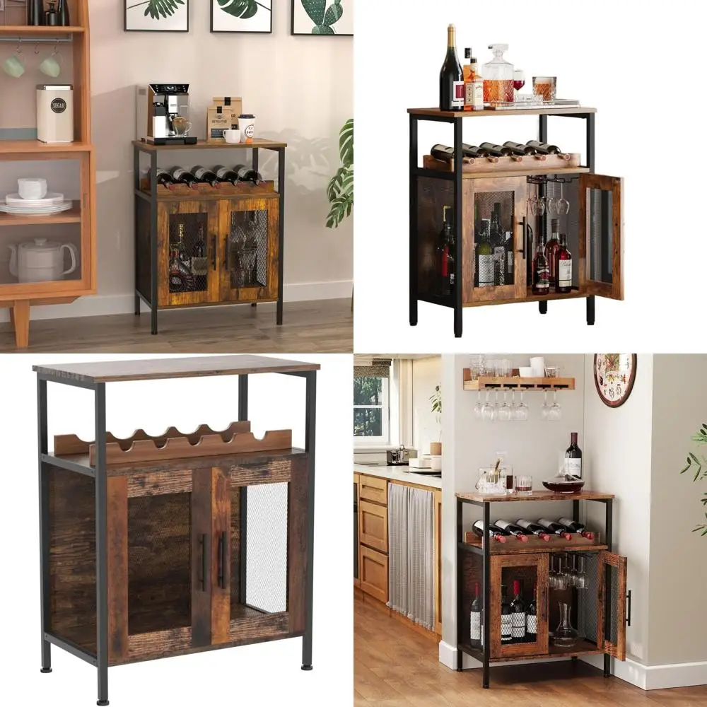 

Detachable Rack Wine Cabinet, Glass Holder Coffee Bar, Compact Buffet with Mesh Door, Rustic Brown (Patent Pending)