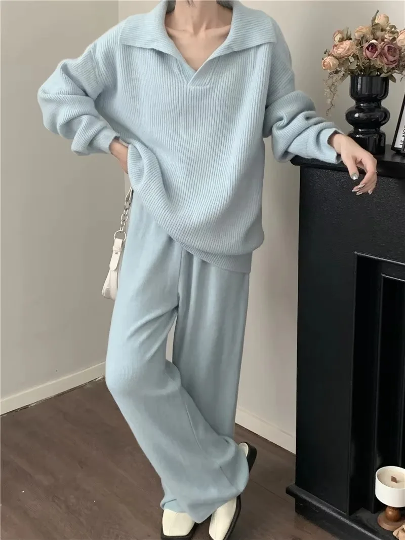 Casual Loose Knitted 2-piece Set for Winter Women\'s Set New Fashion Collar Solid Long Sleeve Sweater Pant Set for Woman