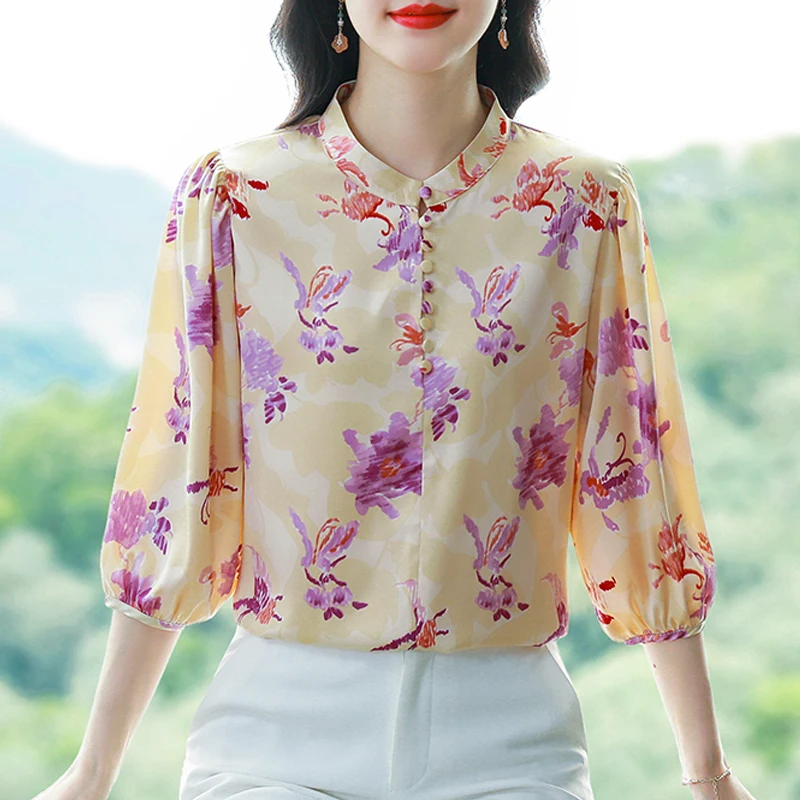 2025 Spring Summer Women Shirt New Fashion Silk Chiffon Blouse Stand Collar 3/4 Sleeve Casual Floral Printed Tops