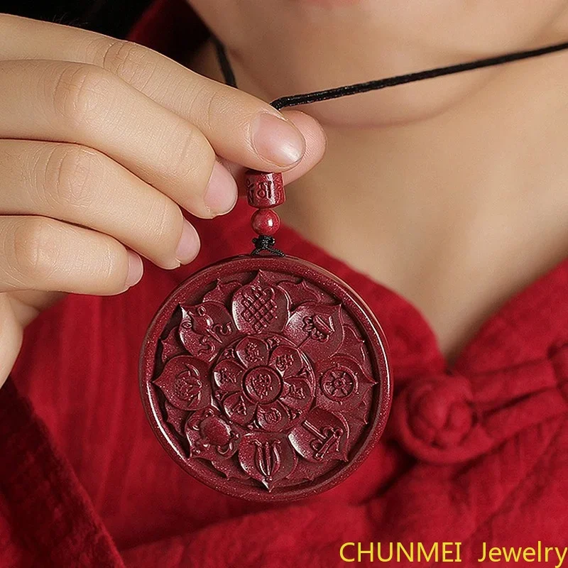 2022 Mineral Cinnabar Flower Pendant Buddhism Guanyin Six-character Mantra Lotus Tag Pendant Purple Gold Sand Pendant Cinnabar