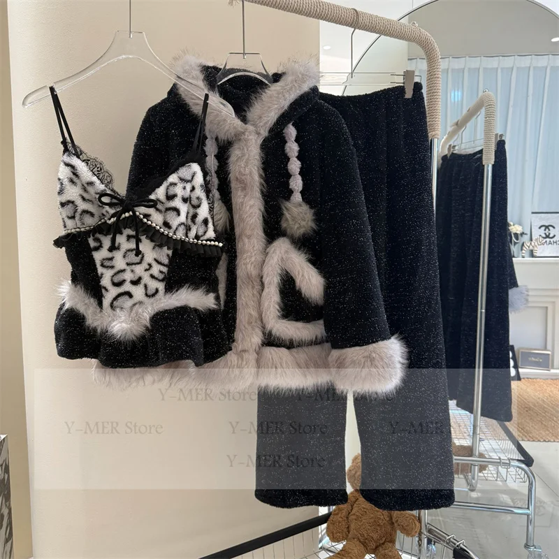 Thicken Coral Fleece Sleepwear Women Warm Home Clothes Sexy Leopard Plush Comfortable Pajamas Suit Nightwear Sleep Set Pjs