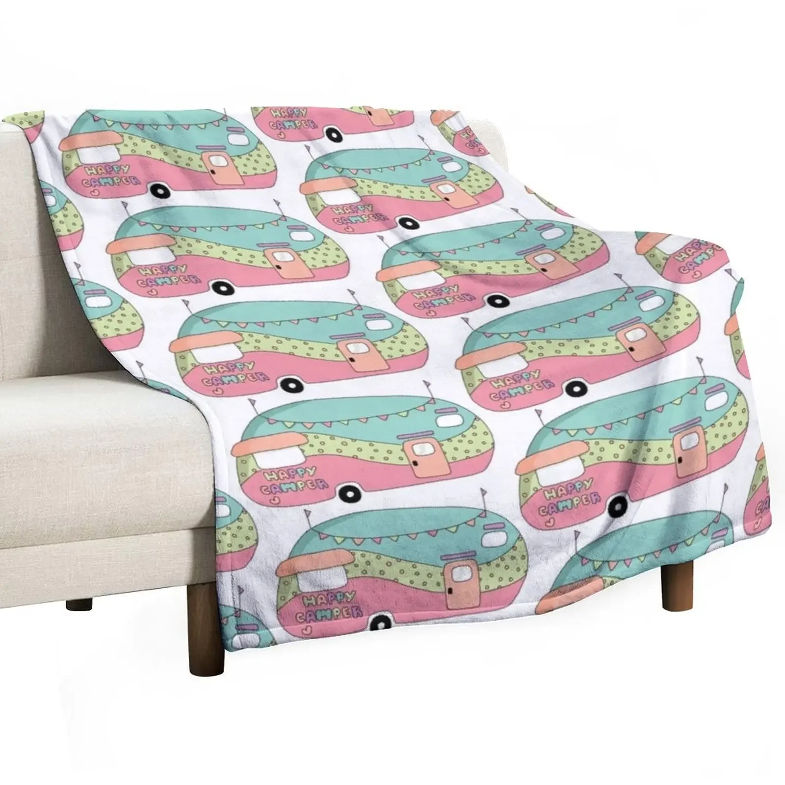 Happy Camper Cute Camper Trailer Throw Blanket Furry Decorative Throw Cute Blankets