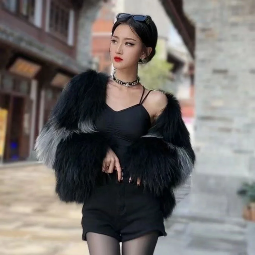 Spring and autumn new 100% real raccoon hair double-sided knitted women\'s luxury long front knitted two-color clothing