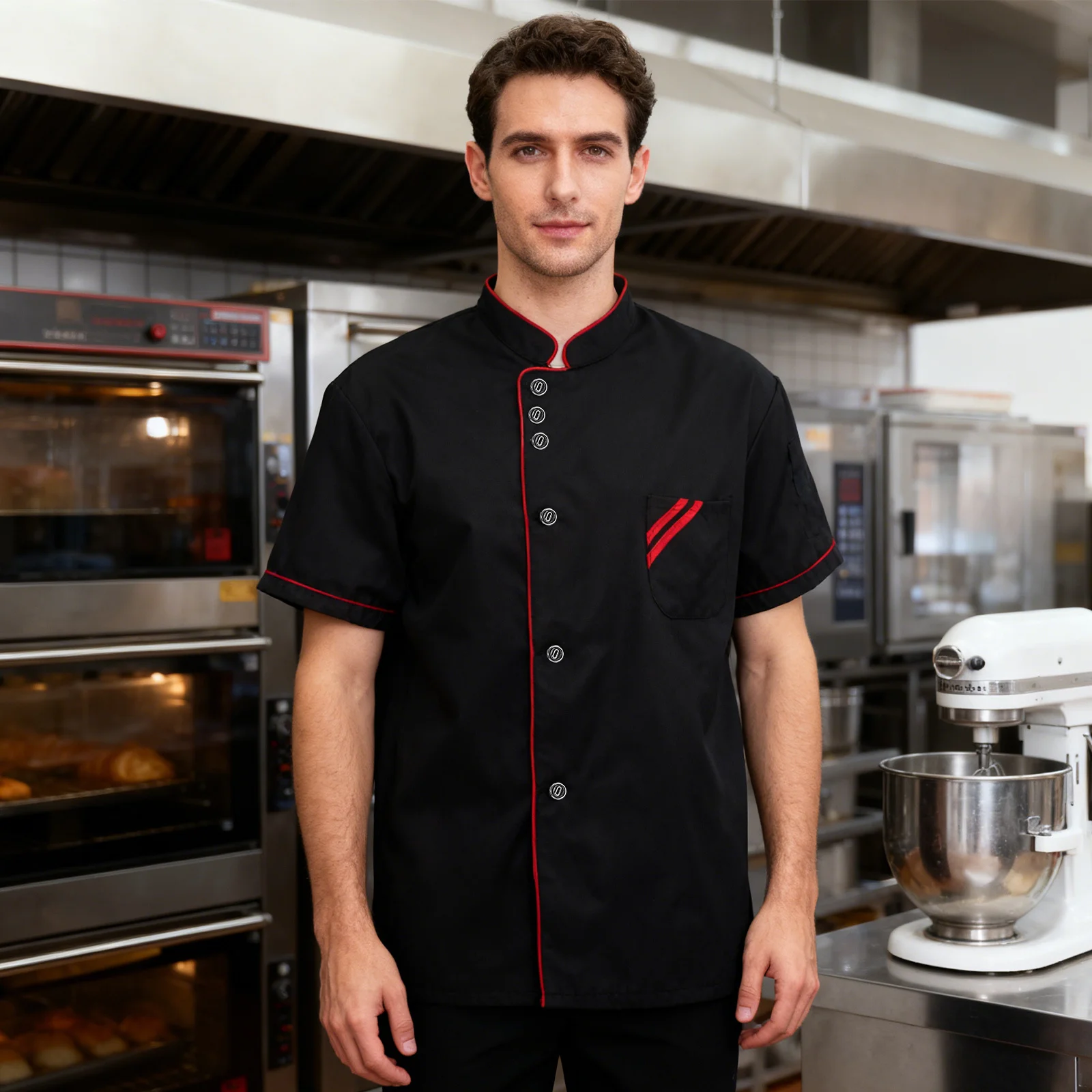 반팔 셰프 코트 블랙 유니섹스 주방 유니폼 통기성 케이터링 작업복 - 내구성 있는 셰프 재킷 남성용