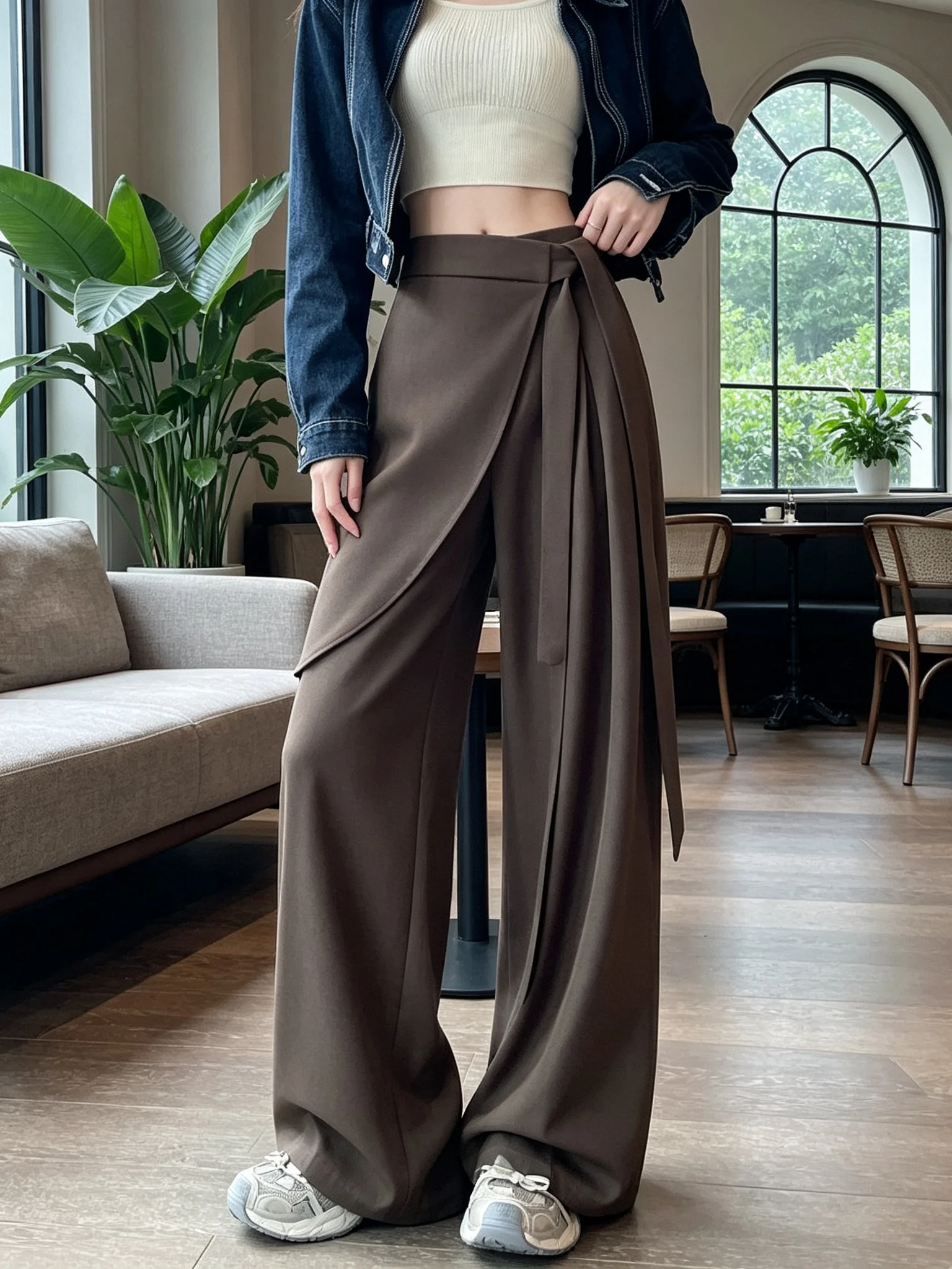 High Waist Straight Leg Floor Length Pants Women's Spring Autumn Winter Casual Trousers Skirt Style High Waist Asymmetrical Belt