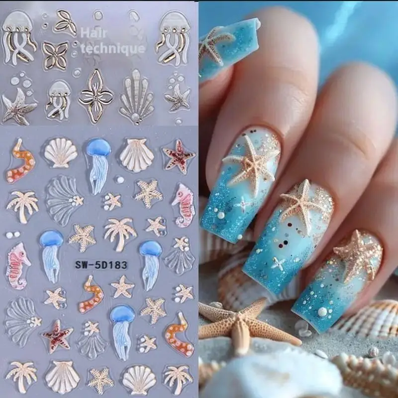 Nail Stickers Jellyfish Summer Beach DIY Nail Stickers Shell Starfish Conch Fish Adhesive Sliders Embossed Decals Manicure Foils