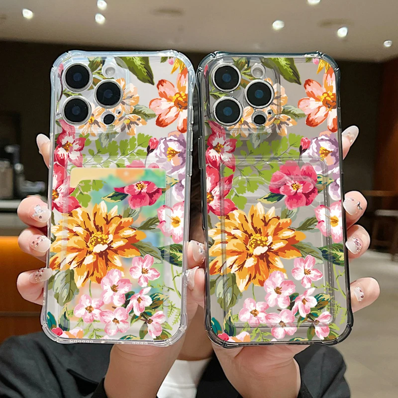 Case For iPhone 16 Pro Max Luxury Painting Sunflowers Clear Soft Silicone Card Holder Cover For iPhone 11 12 13 14 15 Pro Max