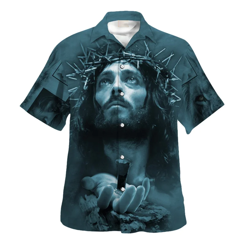 Vintage Jesus Hawaiian Shirt For Men 3D Printed Christianity Button Down Beach Shirts Tops Summer Mens Short Sleeves Blouse Tees