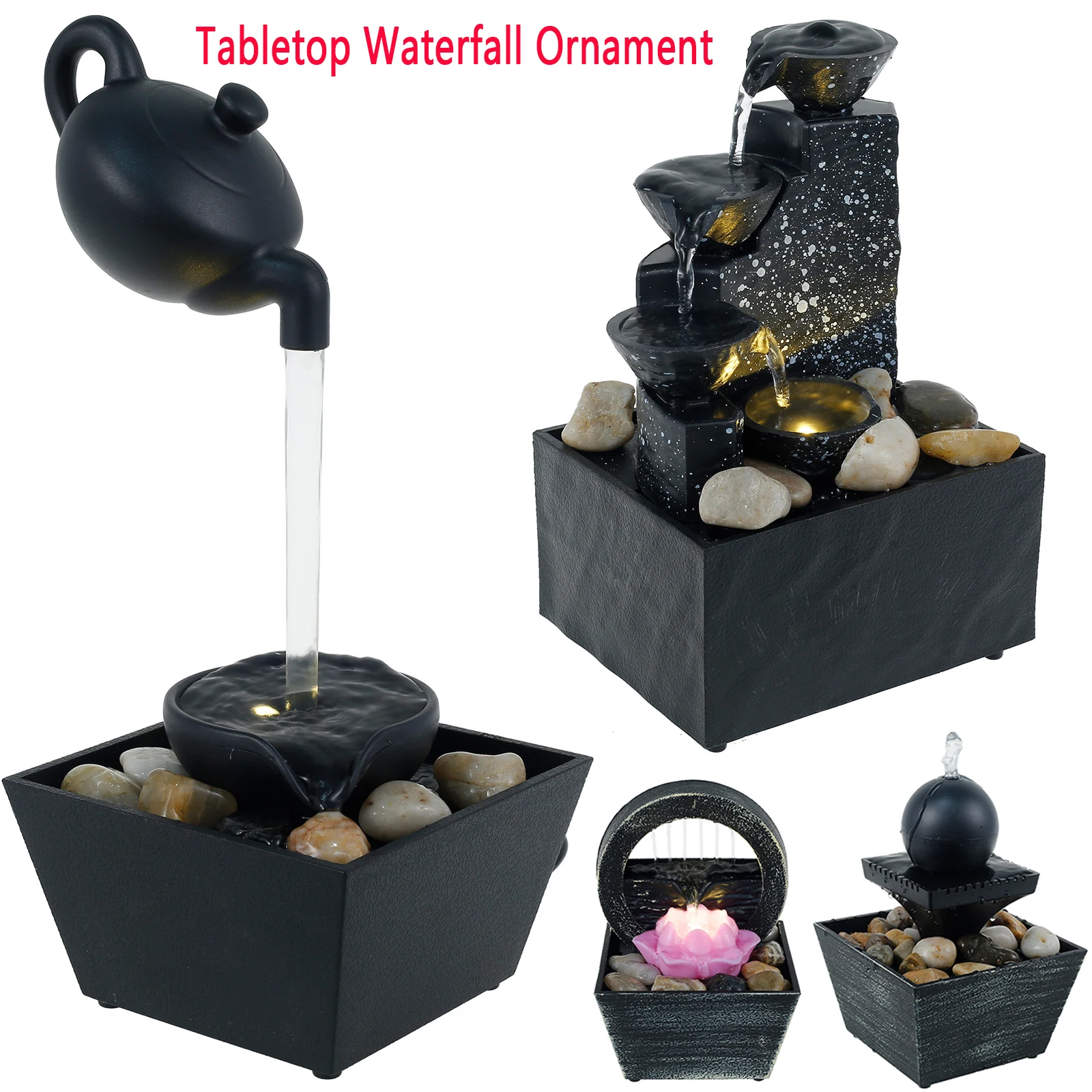 Tabletop Waterfall Home Decor Relaxation Meditation Desktop Fountain with Lights Flowing Water Ornament Halloween Christmas Gift