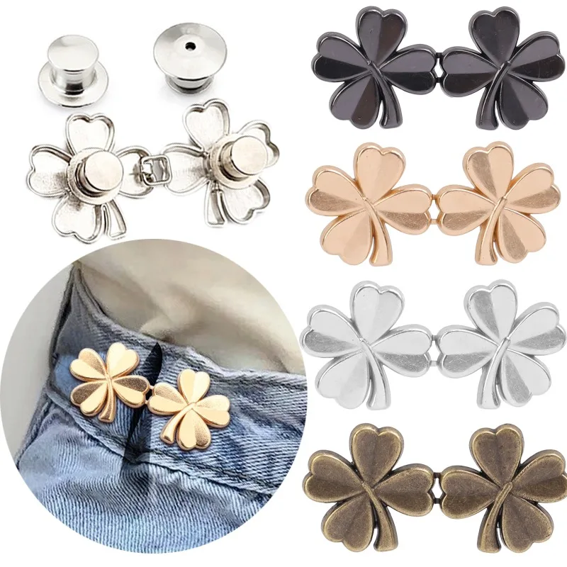 Four-leaf Clover Tighten Waist Buckle Nail-free Metal Jeans Button Snaps Detachable Pants Clips Buttons Pins DIY Waist Tightener