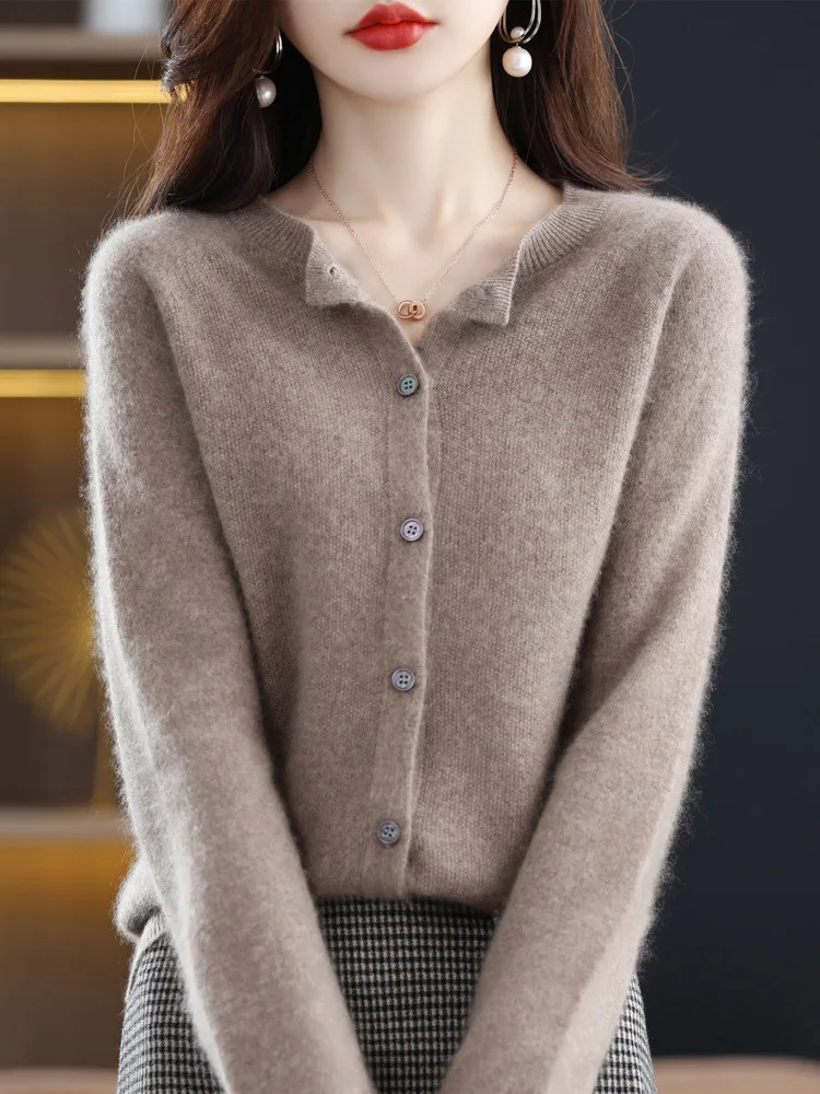 100% Australia Wool Women\'s Skinny Long-sleeved O-neck Loose Knitted Cardigan Ladies Casual Elastic Sweater Tops