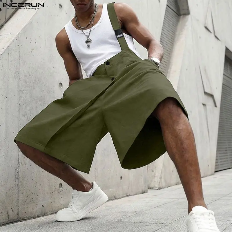 

Мужские комбинезоны-шорты INCERUN, однотонные, без рукавов, с асимметричными бретелями, летние модные свободные повседневные комбинезоны для мужчин 2026