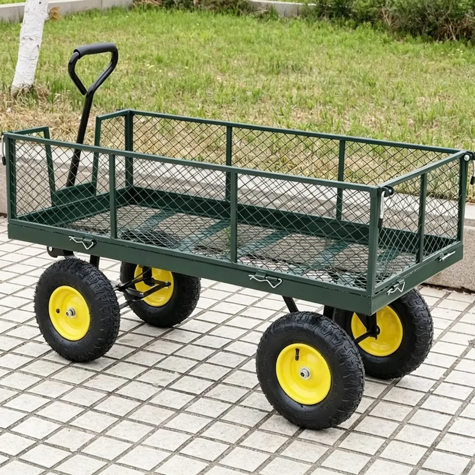 Chariot de jardin robuste de 900 lb, chariot utilitaire en métal 360 °   Chariot à benne basculante rotatif polyvalent avec côtés amovibles pour jardin et plage