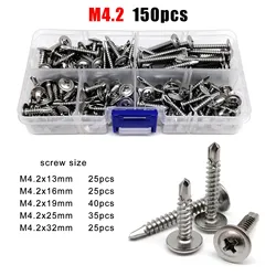 100/150pcs M4.2 M4.8 410 Stainless Steel Cross Phillips Round Washer Head Drill Tail Self-tapping Screw Mix 5 Sizes Kit Set Box