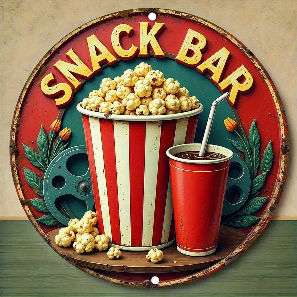 Letrero circular de madera Retro "Snack Bar", arte de pared, diseño de palomitas de maíz y agua gaseosa, decoración retro duradera, 1 ud.