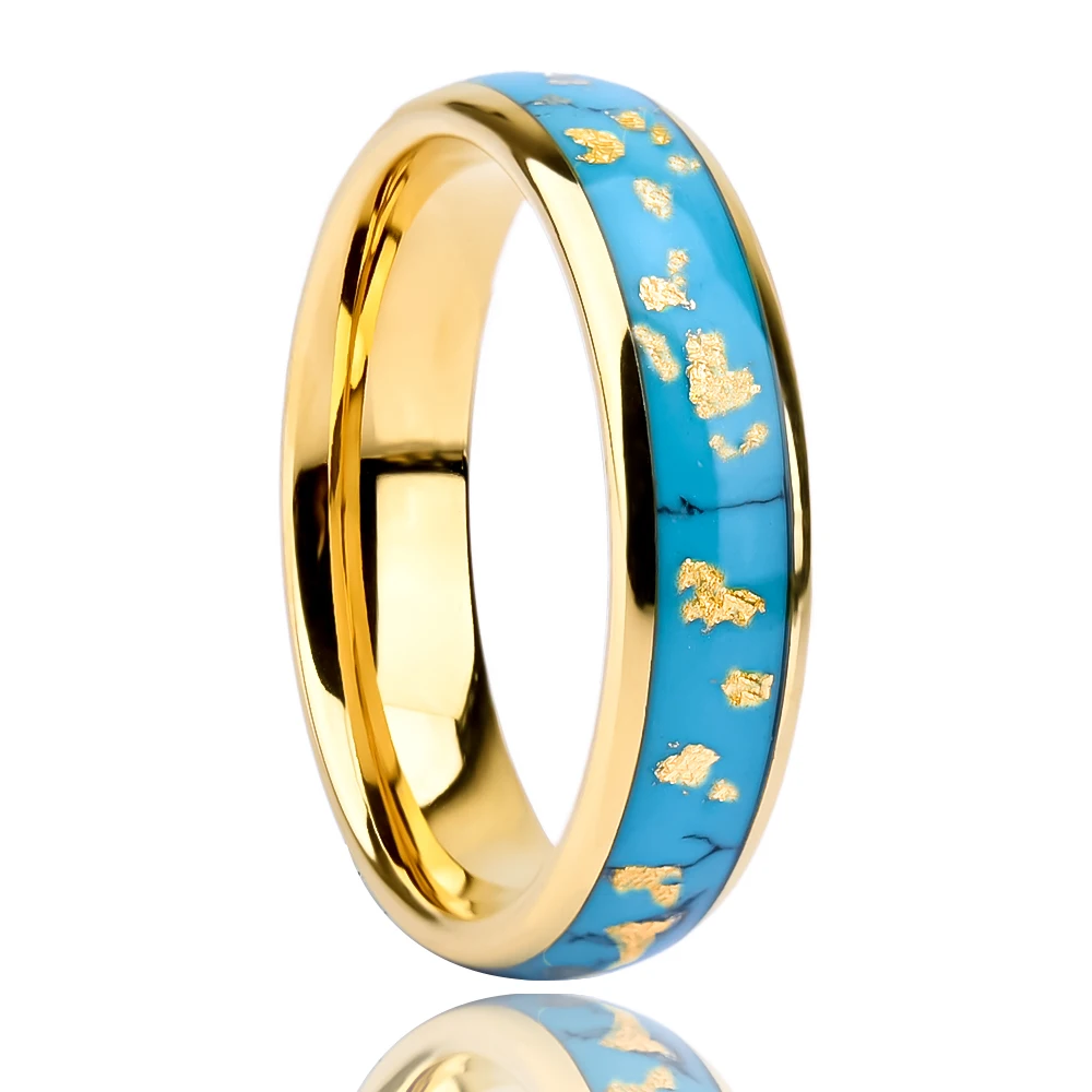 

2025 Top 18k Gold Filled Tungsten Rings for Women 6mm Natural Turquoise and Gold leaf Inlay Jewelry Perfect Gift