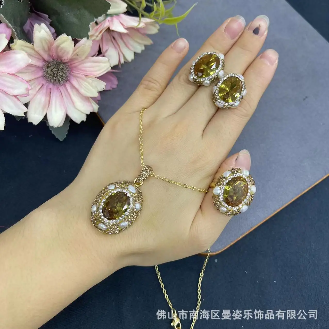 Turkish sultanite  stone inlaid with pearls exquisite three-piece set, French vintage exquisite medieval jewelry