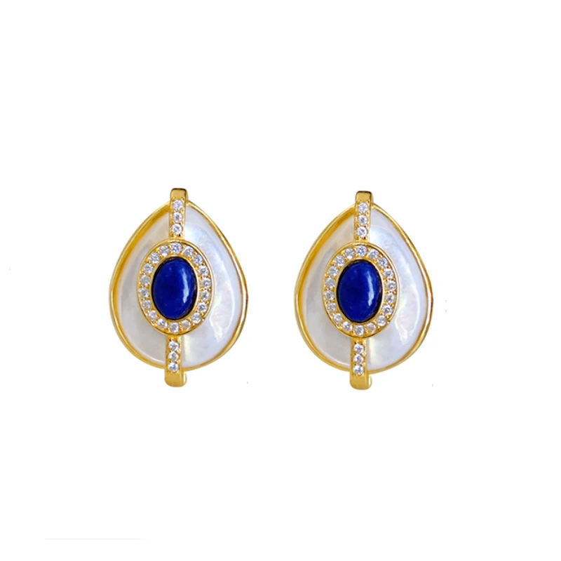 Natuurlijke Chalcedoon Kunstmatige Witte Parelmoervlinder Drop Stud Oorbellen Voor Vrouwen Lapis Lazuli Hoge Kwaliteit Vintage Zilveren Sieraden