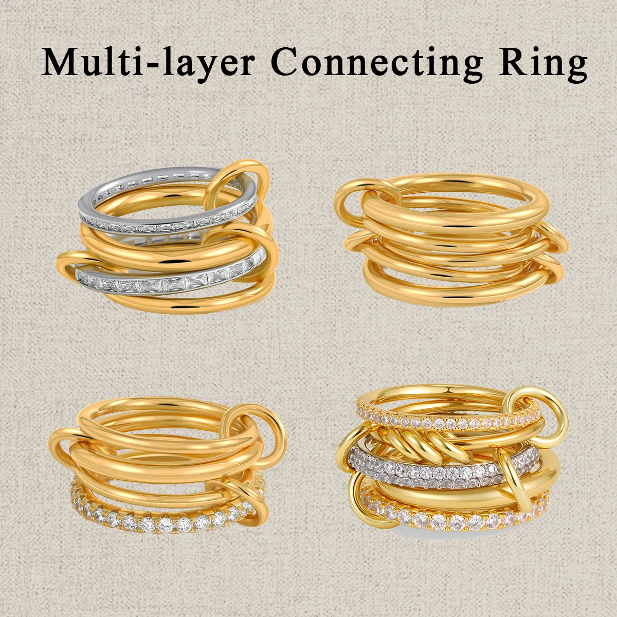 

Trendy Multi Layer Connecting Ring for Women Gold Plated Stainless Steel Cubic Zirconia Stacking Rings Fashion Jewelry Gift