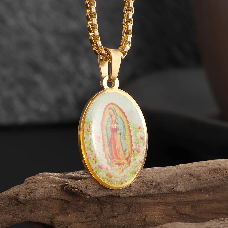 Stainless Steel Fashion Virgin Mary of Guadalupe Statue Women's Necklace Prayer Accessories Men's Jewelry Gift