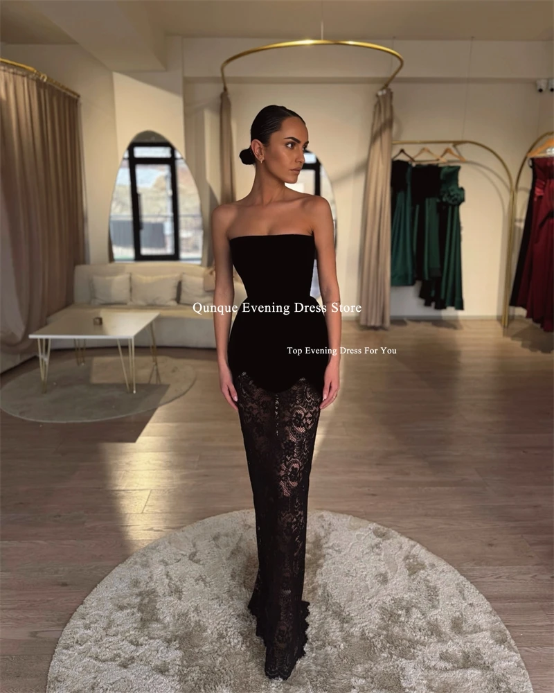 ชุดราตรีผ้ากำมะหยี่สีดำเซ็กซี่ ดีไซน์หรูหราสำหรับงานปาร์ตี้ แต่งลูกไม้ซีทรู ชุดออกงานพรอม คอร์เซ็ทผูกหลัง ชุดราตรีงานเลี้ยง สามารถสั่งตัดได้
